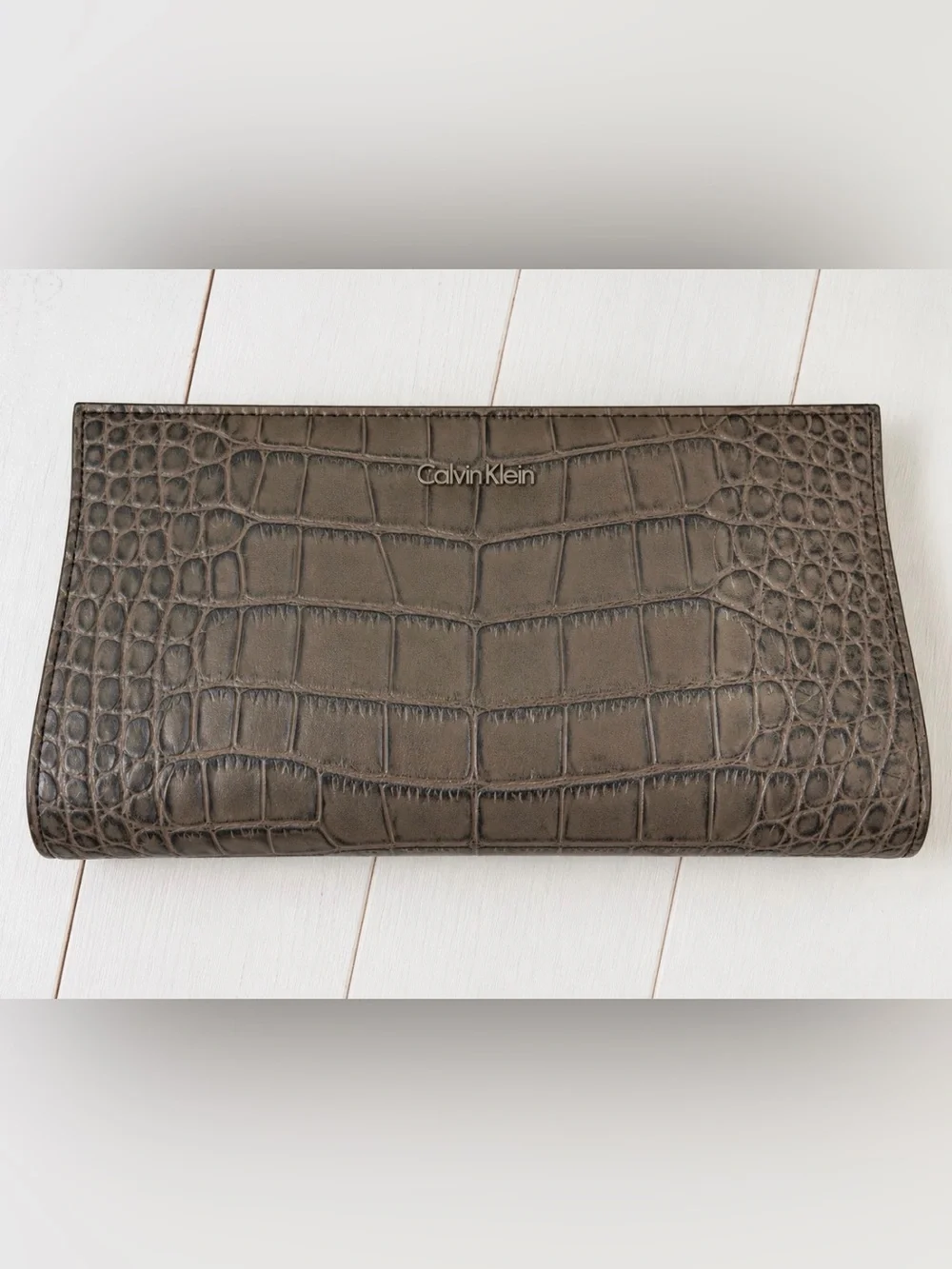 Calvin Klein Croc Embossed Clutch Bag Brown Gray Portfolio Handbag
